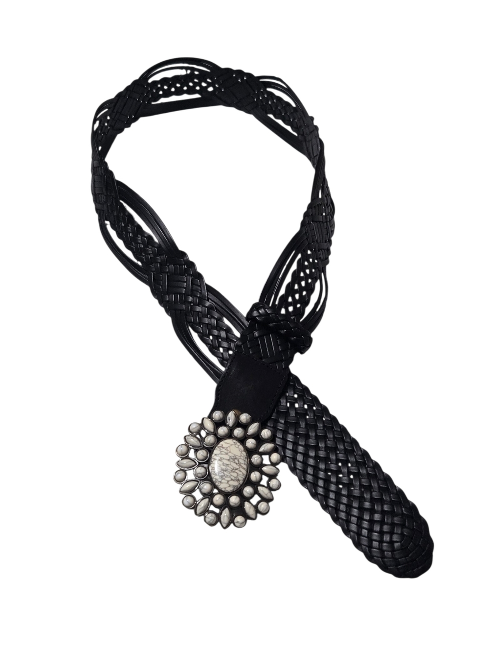 Braded Black Leather Belt With Bone Stone Buckle